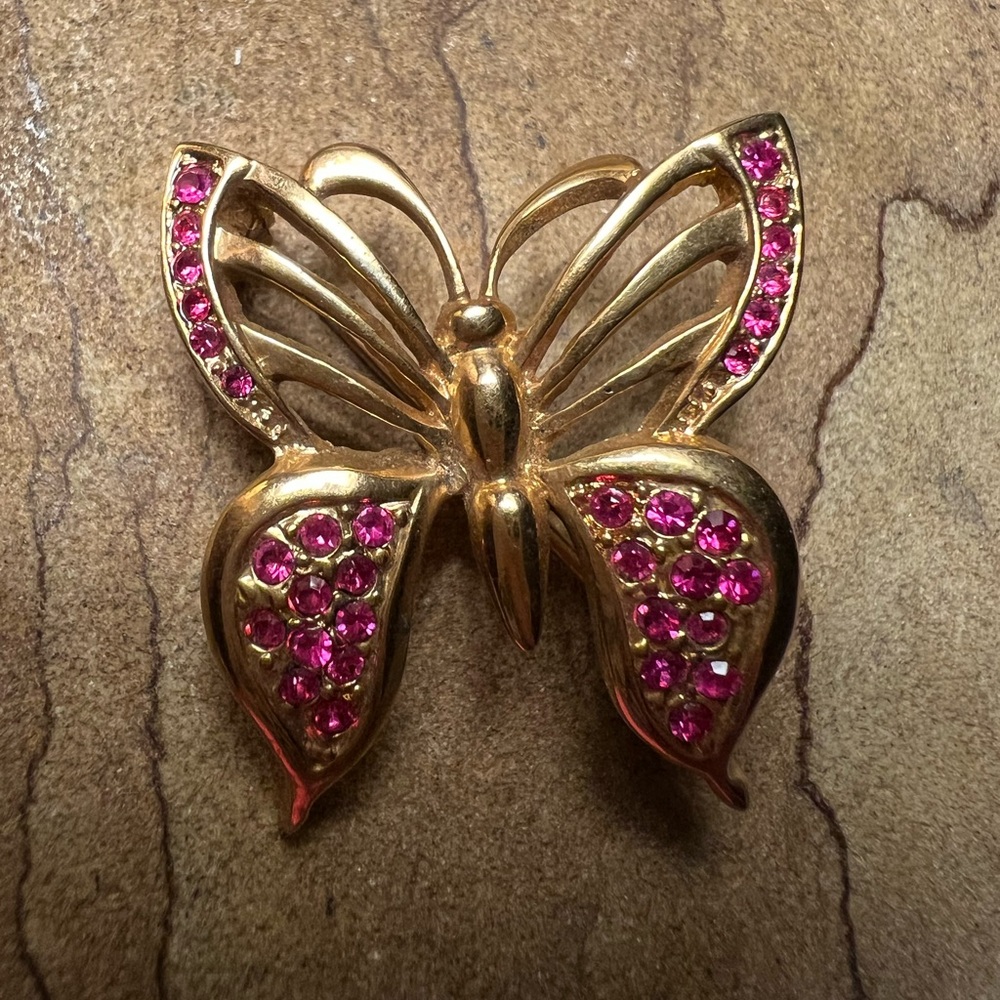 Vintage Gold Butterfly Brooch with Pink Gemstones EUC